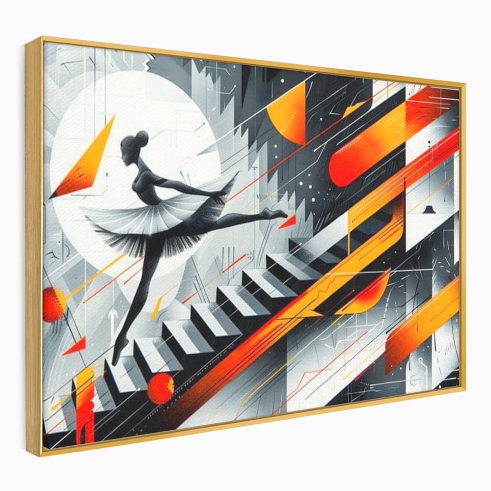 Tablou canvas cu tablou canvas cu balerina pe scari si cosmos, in rama de aluminiu auriu